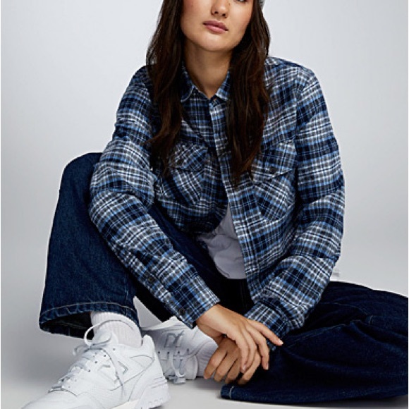 Stussy Womens Plaid Quilted Blue Flannel Button Up Top - Picture 2 of 7